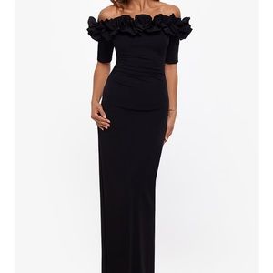 Xscape long over shoulder ruffle dress.